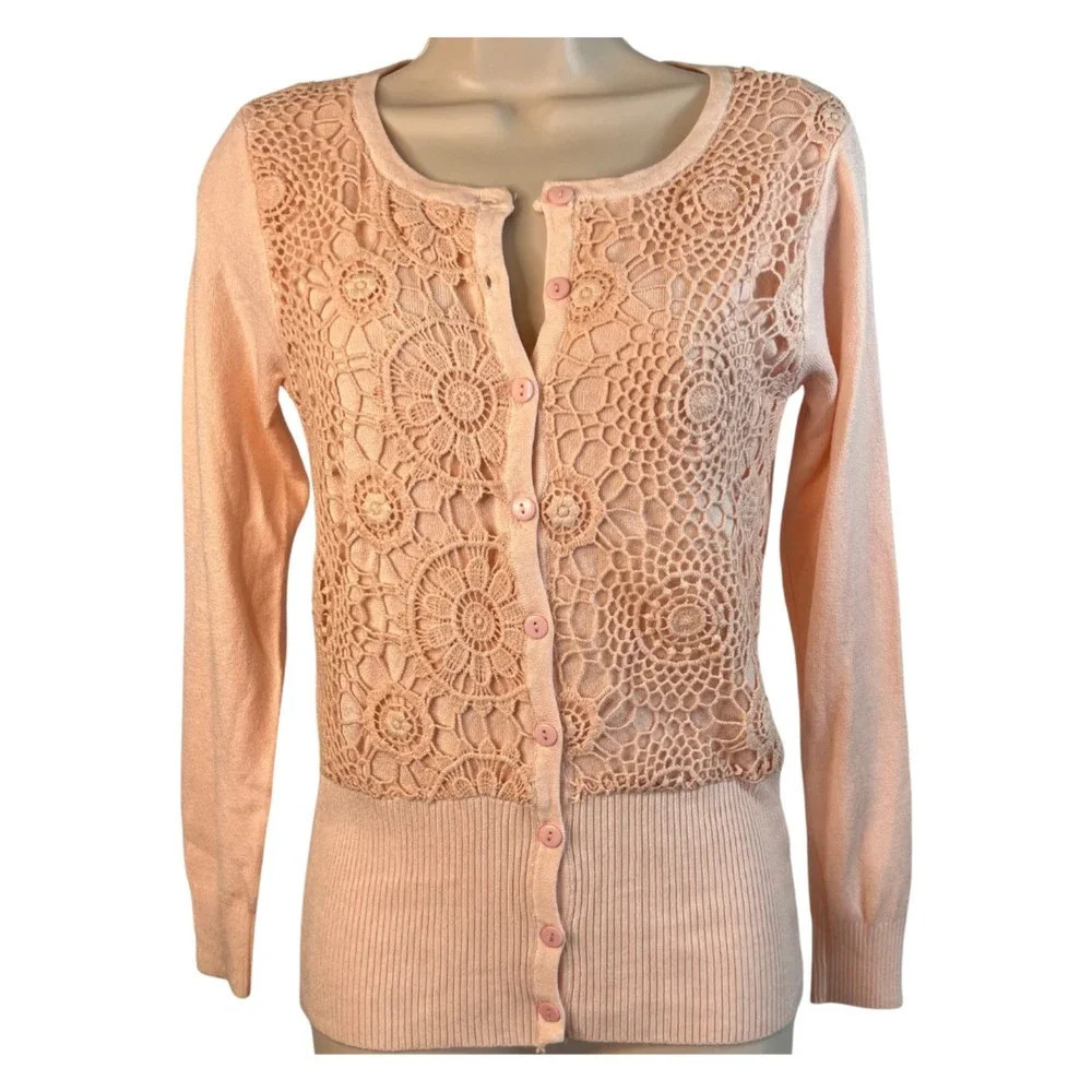 Blu Moon Soft Pink Long‎ Sleeve Lace Overlay Silk Blend Sweater Size Small